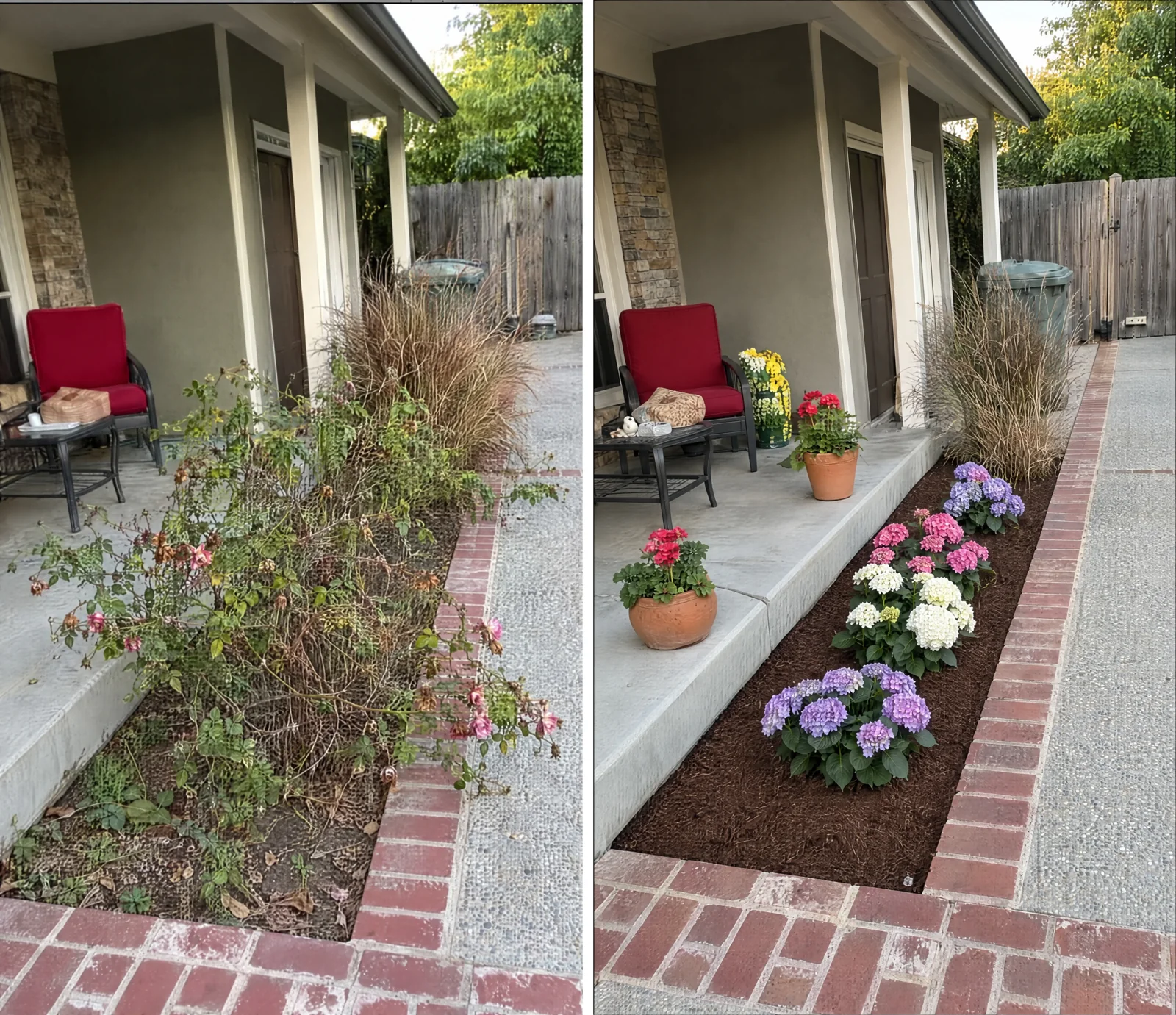 Antes, Después: Jardinera limpiada, cubierta con mantillo y plantada con hortensias