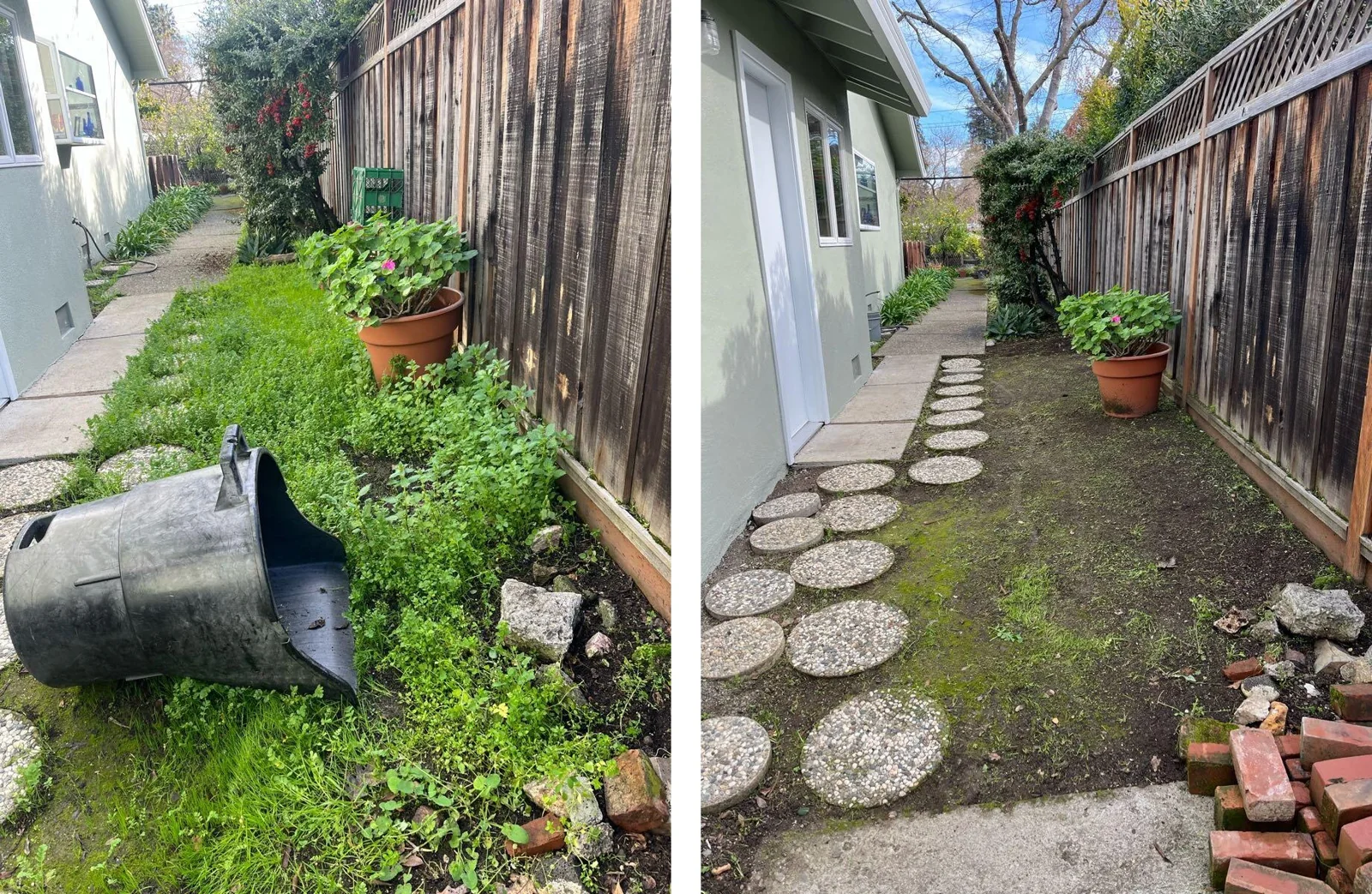 Antes, Después: Patio lateral limpiado de maleza y escombros, sendero de piedras recuperado